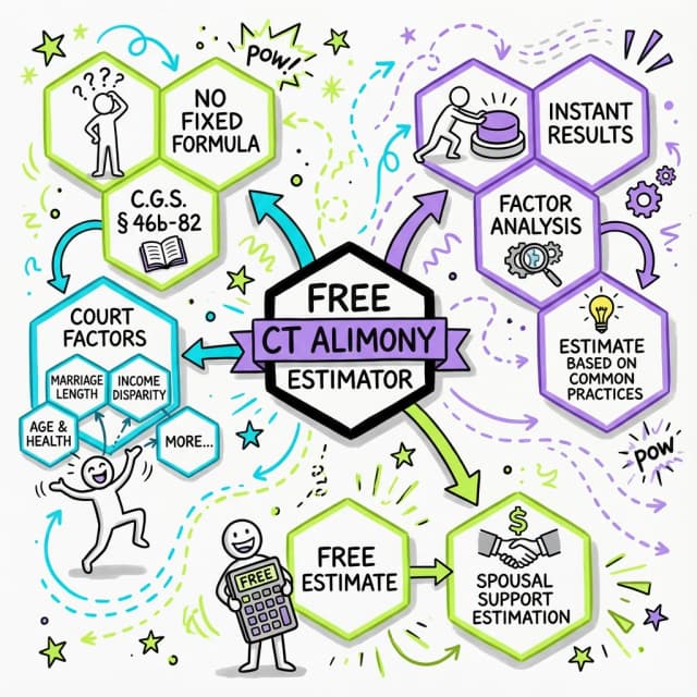 Connecticut alimony calculator infographic showing court factors and instant results