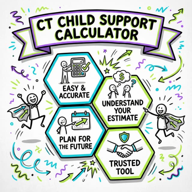 Connecticut child support calculator infographic showing easy and accurate calculations