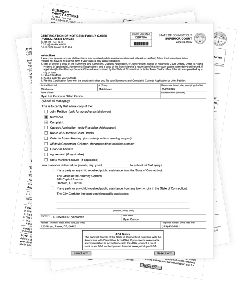 File for divorce in CT online - automatically generated Connecticut divorce forms