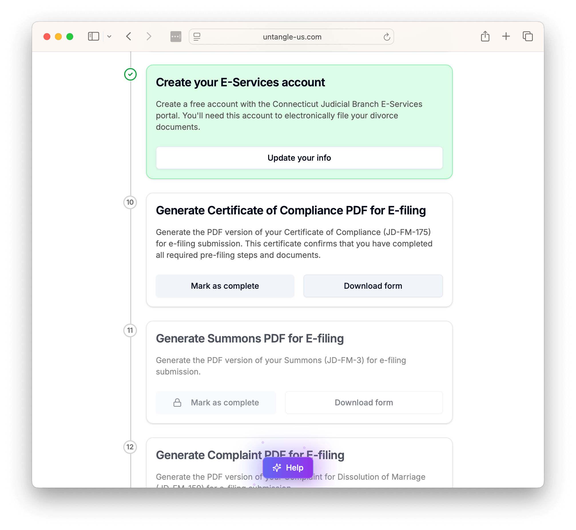 Divorce process in CT - personalized dashboard for filing divorce without a lawyer