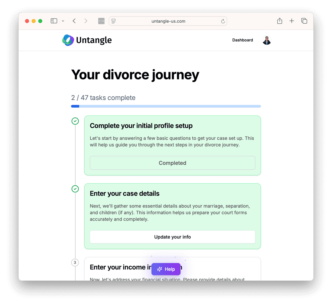 Untangle's clear dashboard simplifying how to file for divorce in CT, organizing divorce papers and the Connecticut divorce process
