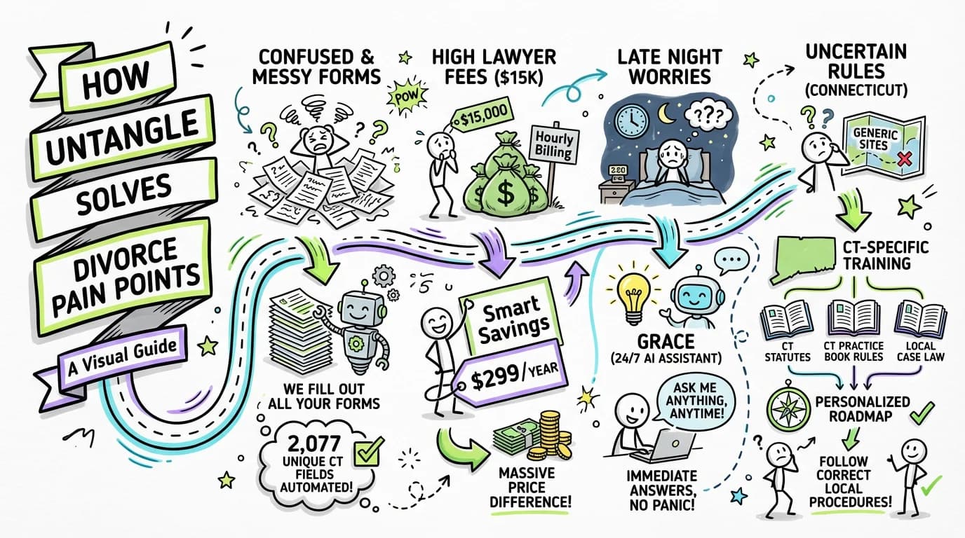 Untangle solves your divorce pain points: confusing forms, expensive lawyers, unanswered questions, and CT-specific guidance