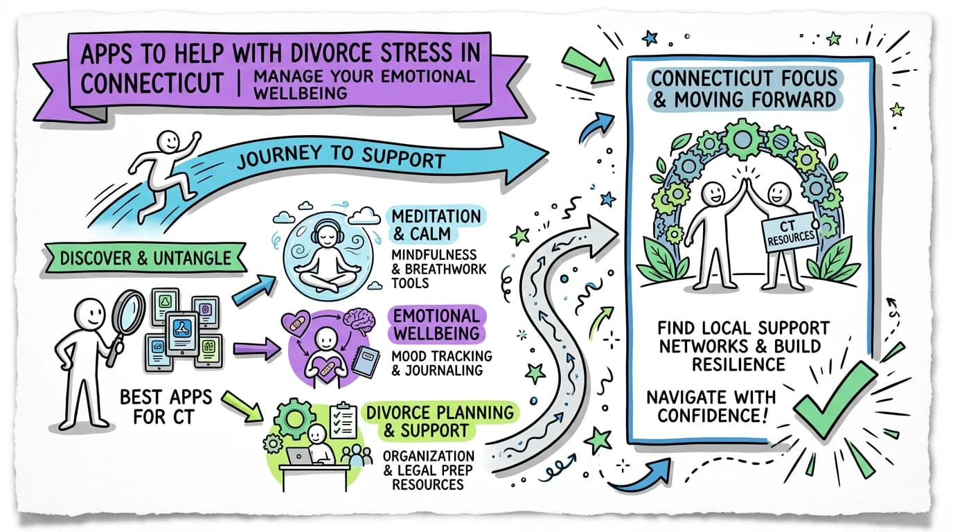 Visual overview showing the key steps and concepts for Apps to Help with Divorce Stress in Connecticut | Manage Your Emotional Wellbeing in Connecticut