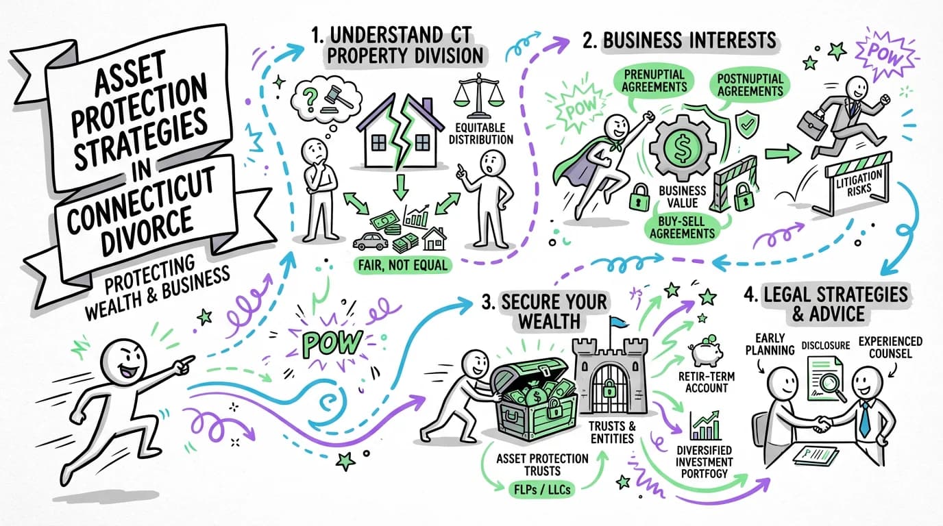 Visual overview showing the key steps and concepts for Asset Protection Strategies in Connecticut Divorce | Protecting Wealth & Business in Connecticut