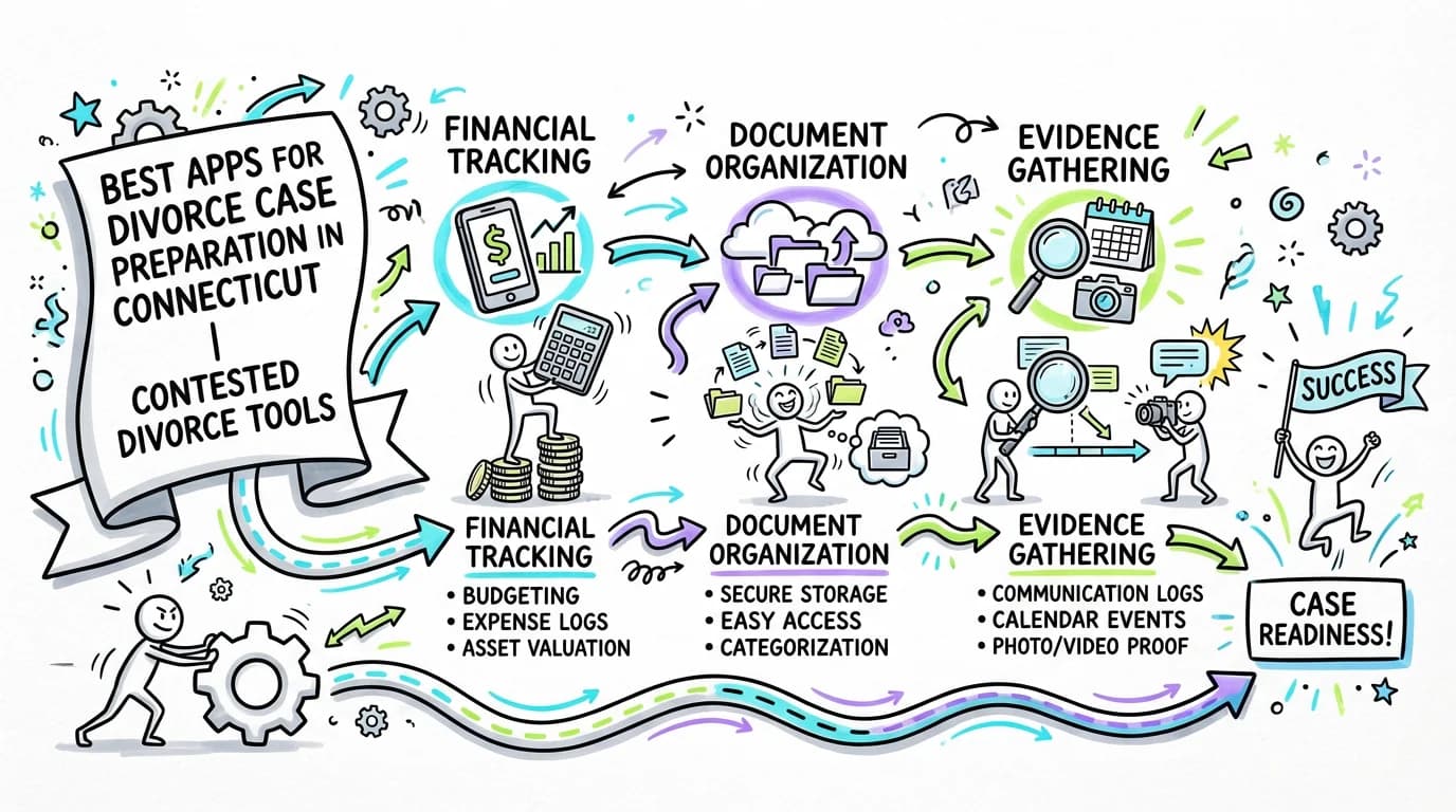 Visual overview showing the key steps and concepts for Best Apps for Divorce Case Preparation in Connecticut | Contested Divorce Tools in Connecticut