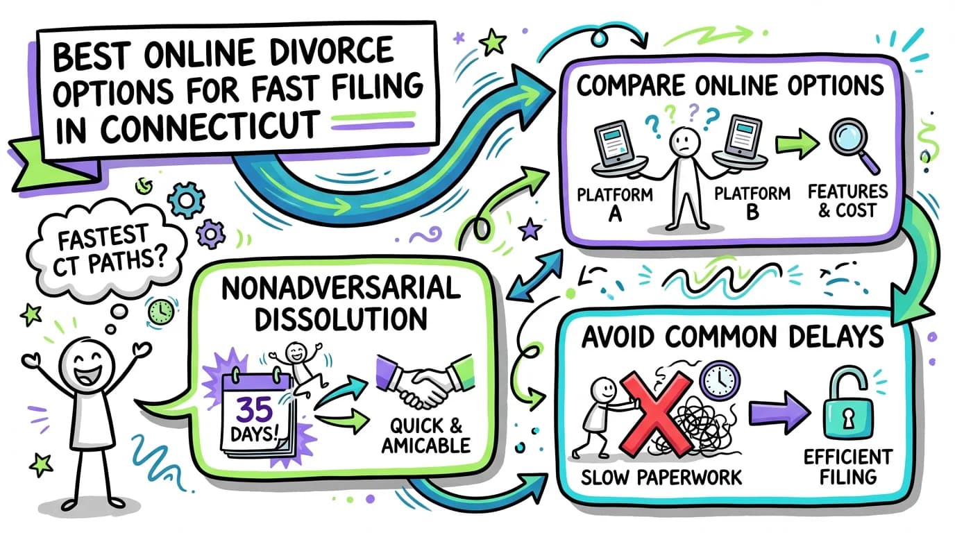 Visual overview showing the key steps and concepts for Best Online Divorce Options for Fast Filing in Connecticut in Connecticut