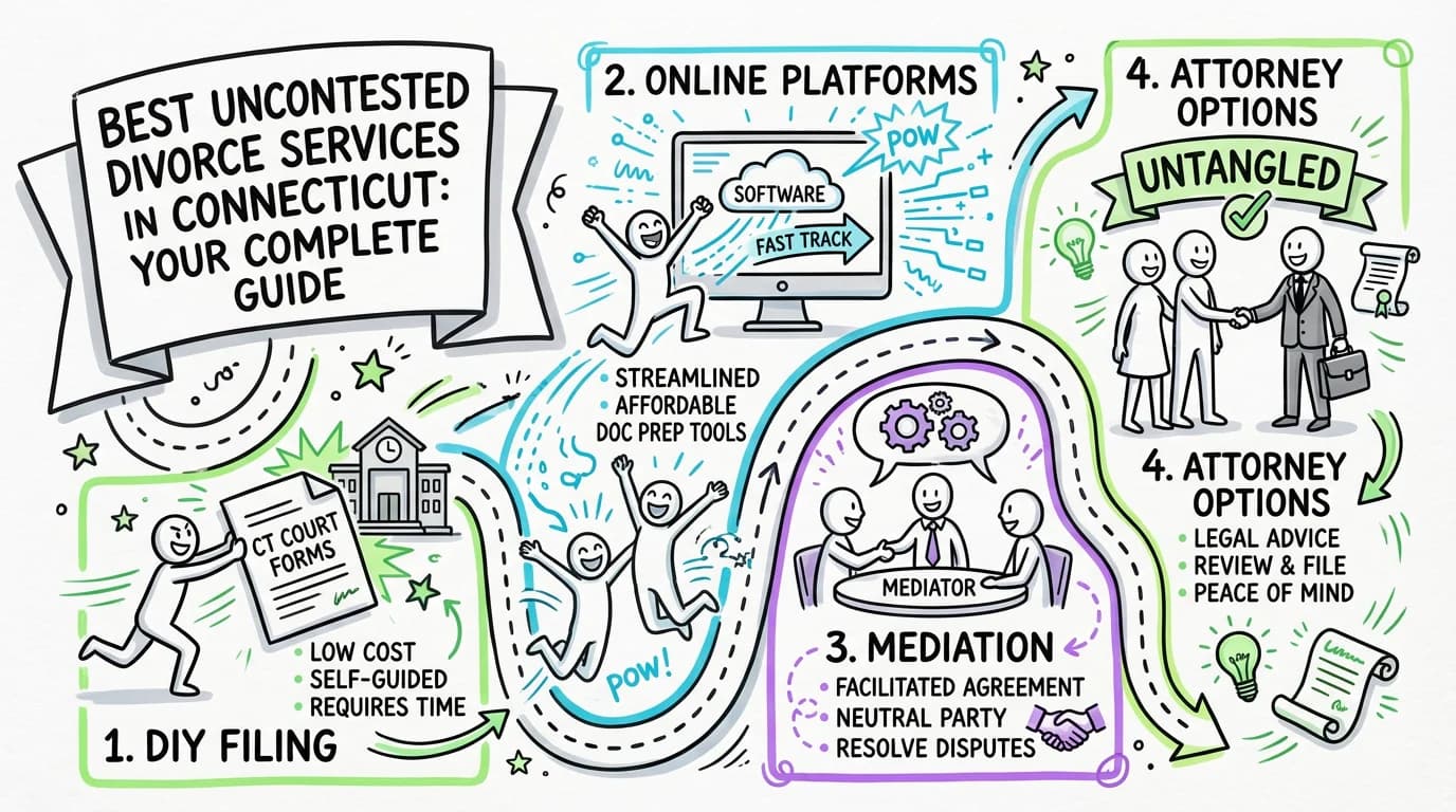 Sketchnote visual guide for Best Uncontested Divorce Services in Connecticut: Your Complete Guide