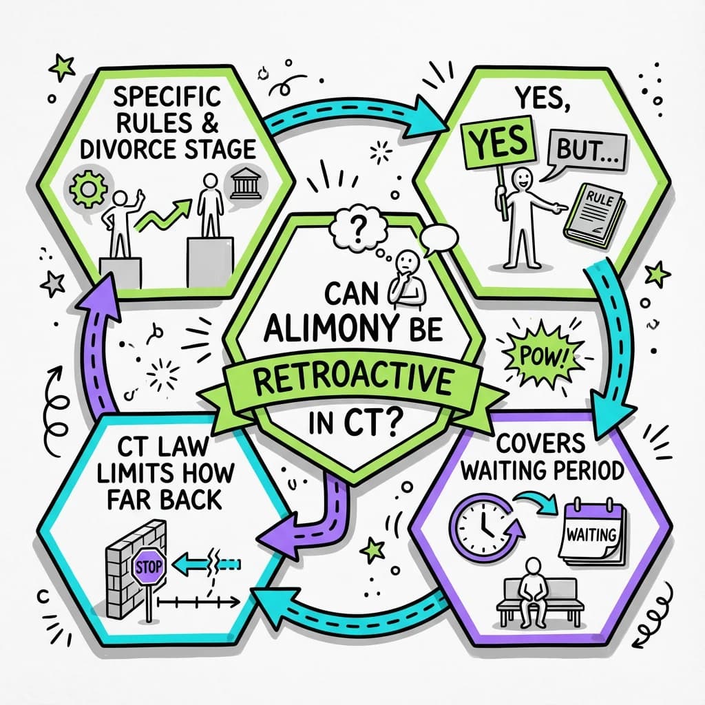 Sketchnote visual guide for Can alimony be retroactive in Connecticut?