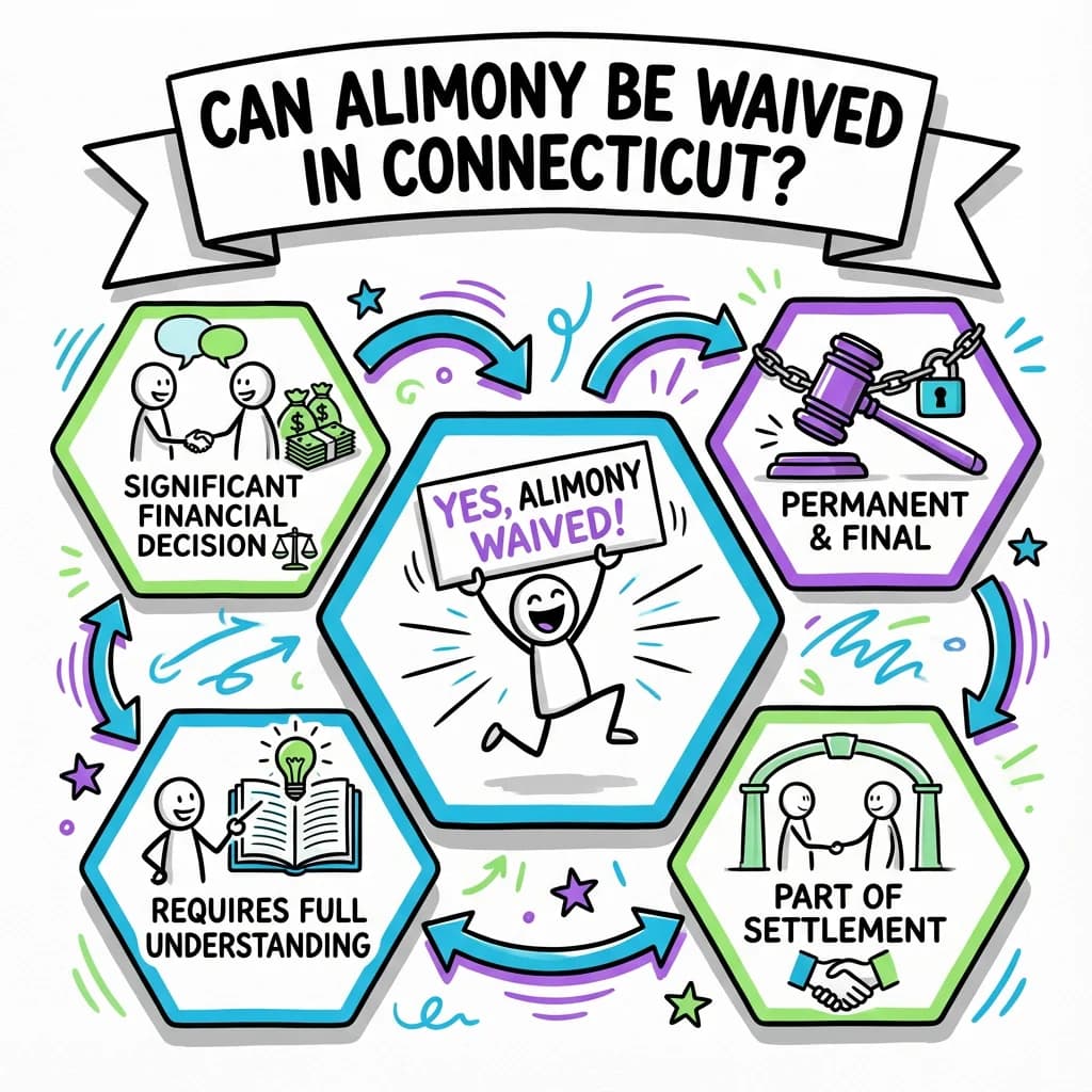 Sketchnote visual guide for Can alimony be waived in Connecticut?