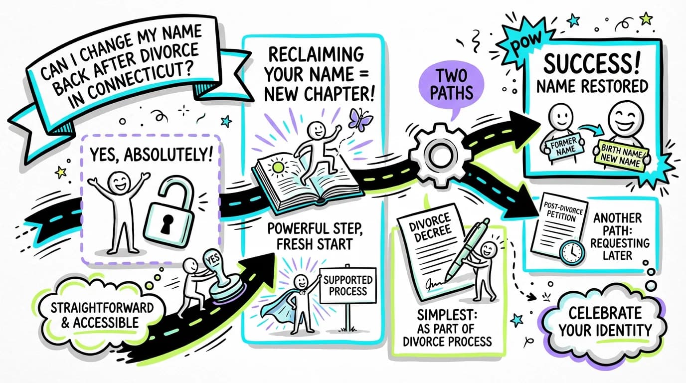 Sketchnote visual guide for Can I change my name back after divorce in Connecticut?