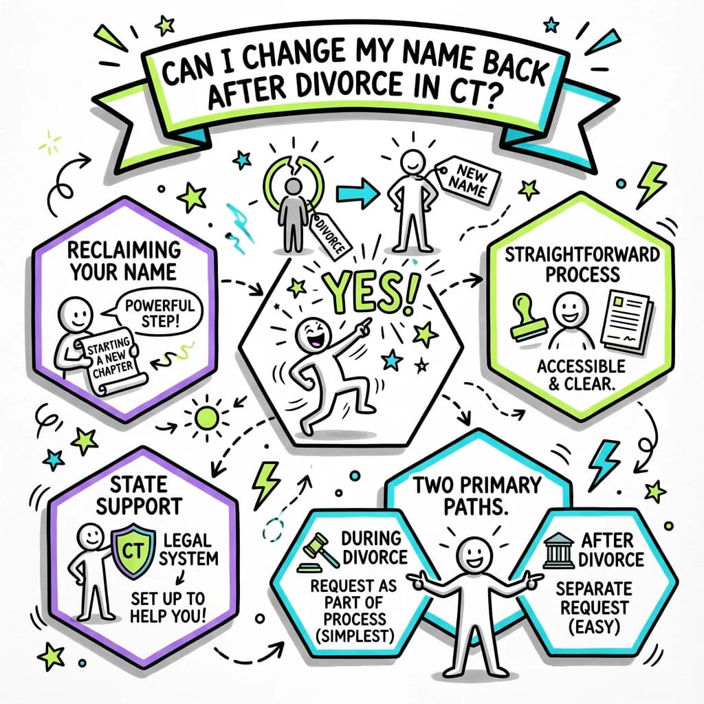 Sketchnote visual guide for Can I change my name back after divorce in Connecticut?