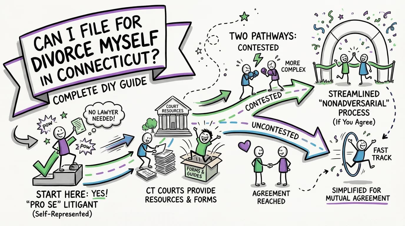 Sketchnote visual guide for Can I File for Divorce Myself in Connecticut? Complete DIY Guide
