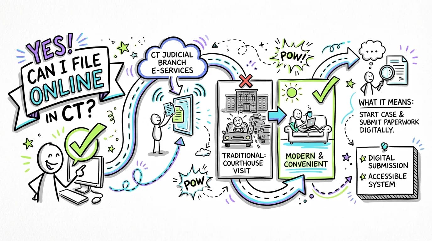 Sketchnote visual guide for Can I file for divorce online in Connecticut?