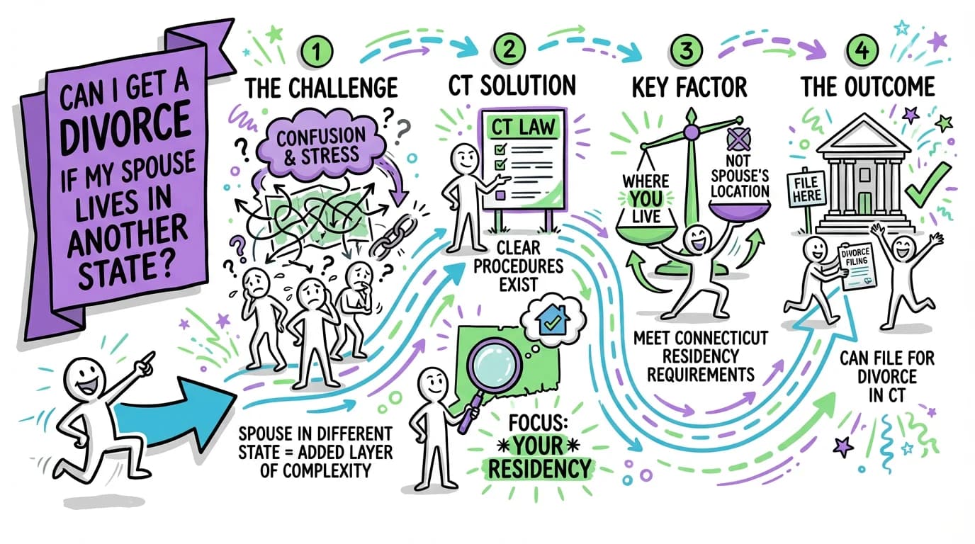 Sketchnote visual guide for Can I get a divorce if my spouse lives in another state?