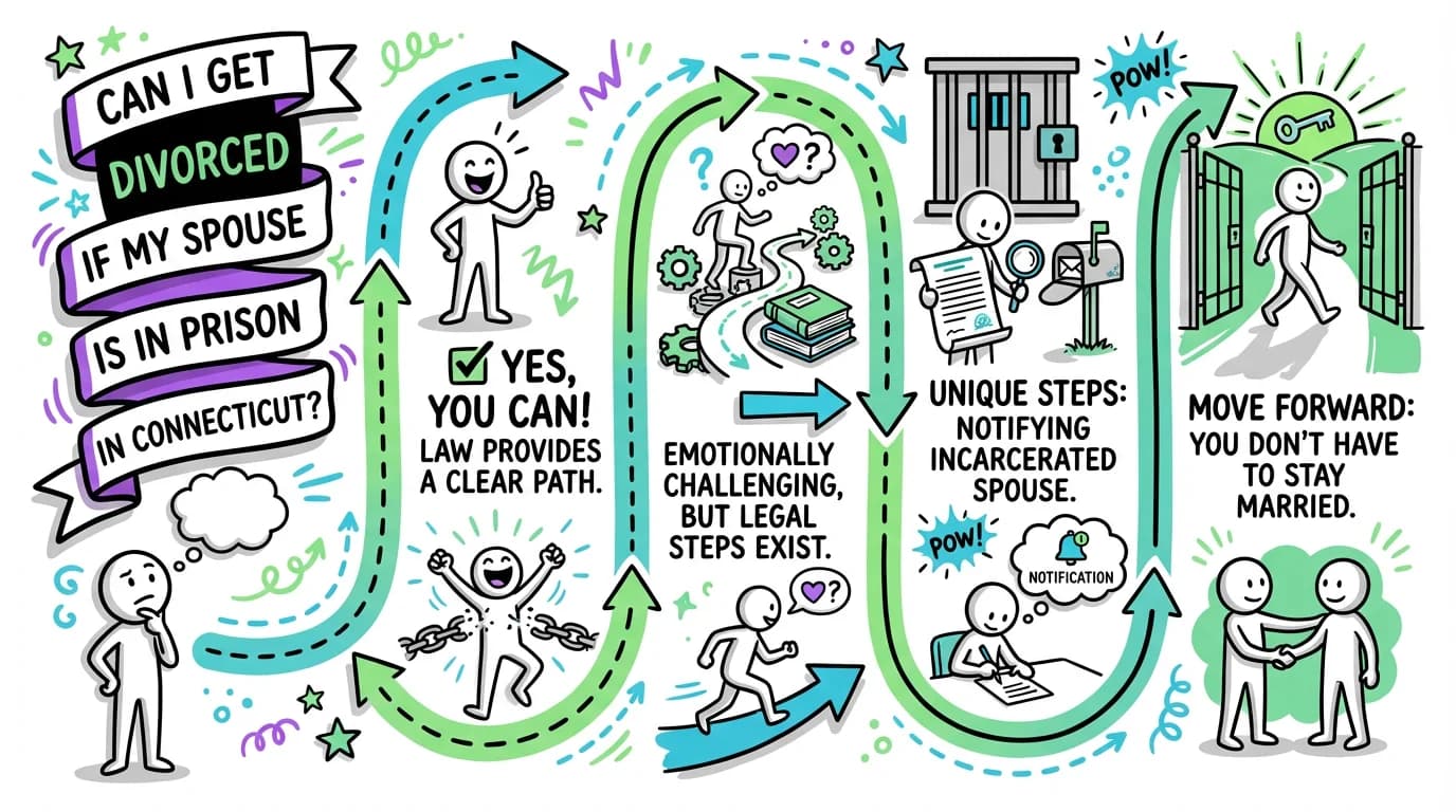 Sketchnote visual guide for Can I get divorced if my spouse is in prison in Connecticut?