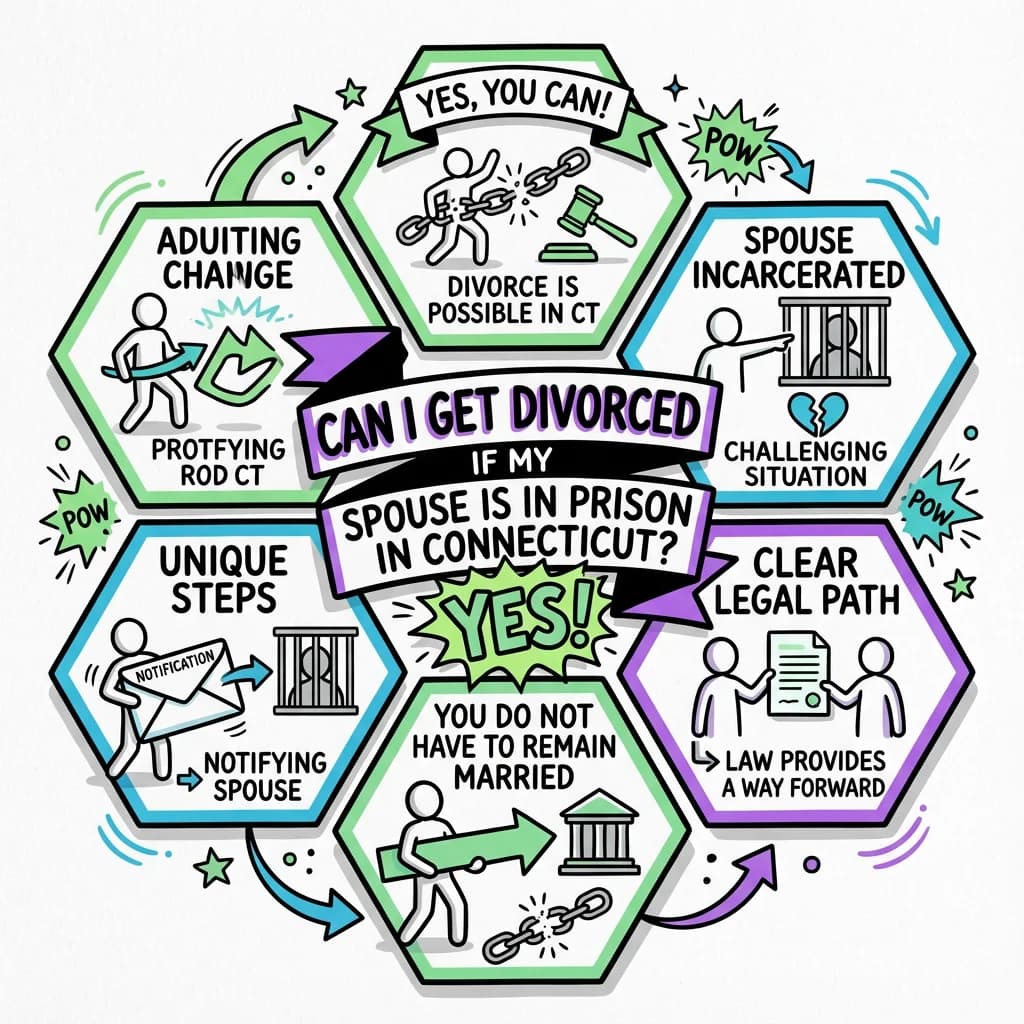 Sketchnote visual guide for Can I get divorced if my spouse is in prison in Connecticut?