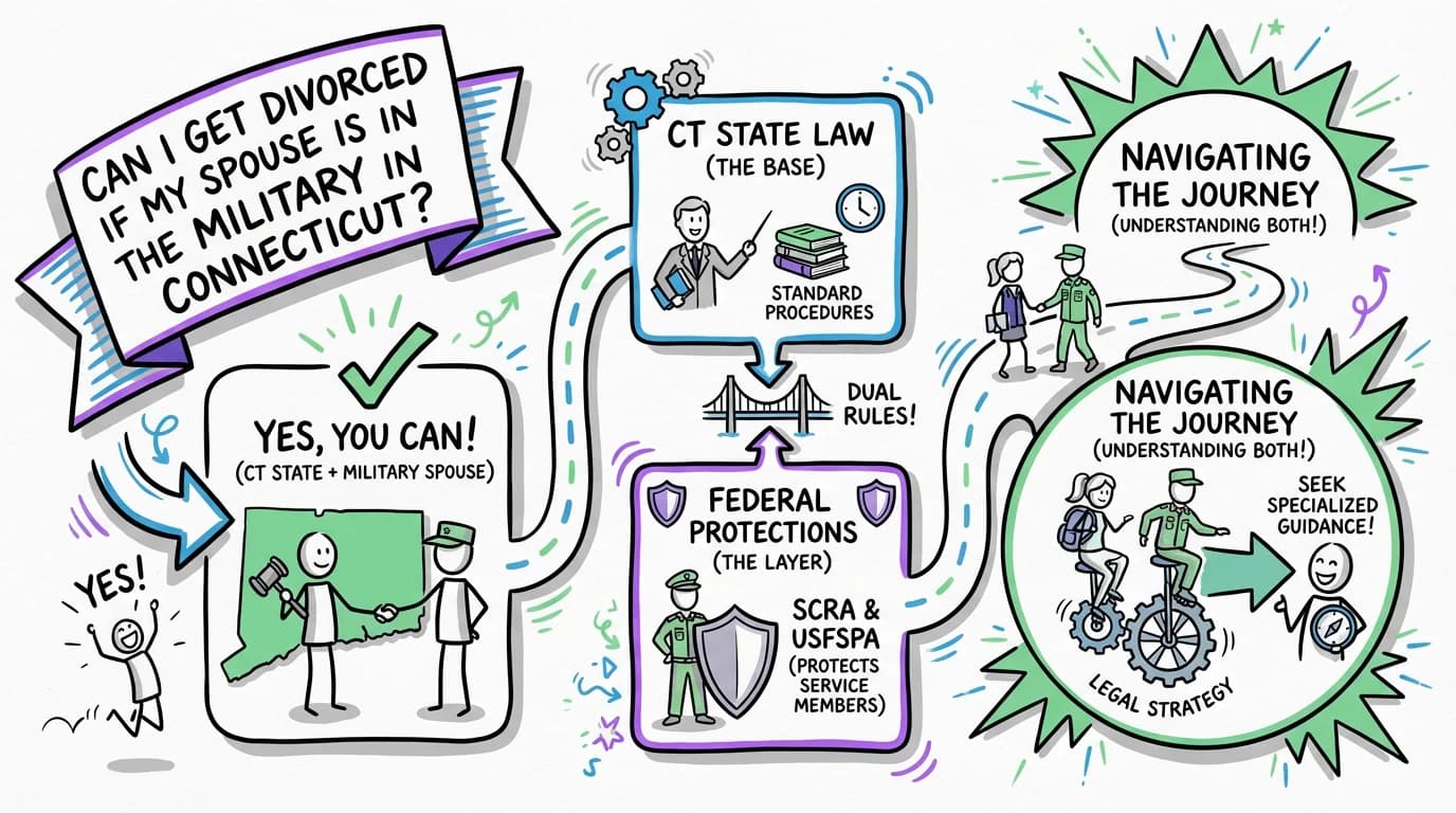 Sketchnote visual guide for Can I get divorced if my spouse is in the military in Connecticut?