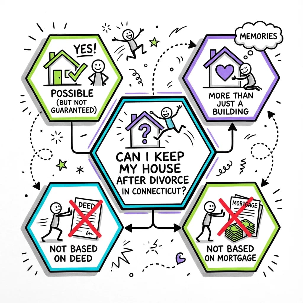 Sketchnote visual guide for Can I keep my house after divorce in Connecticut?