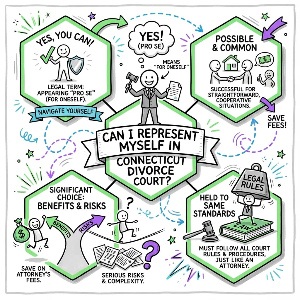 Sketchnote visual guide for Can I represent myself in Connecticut divorce court?
