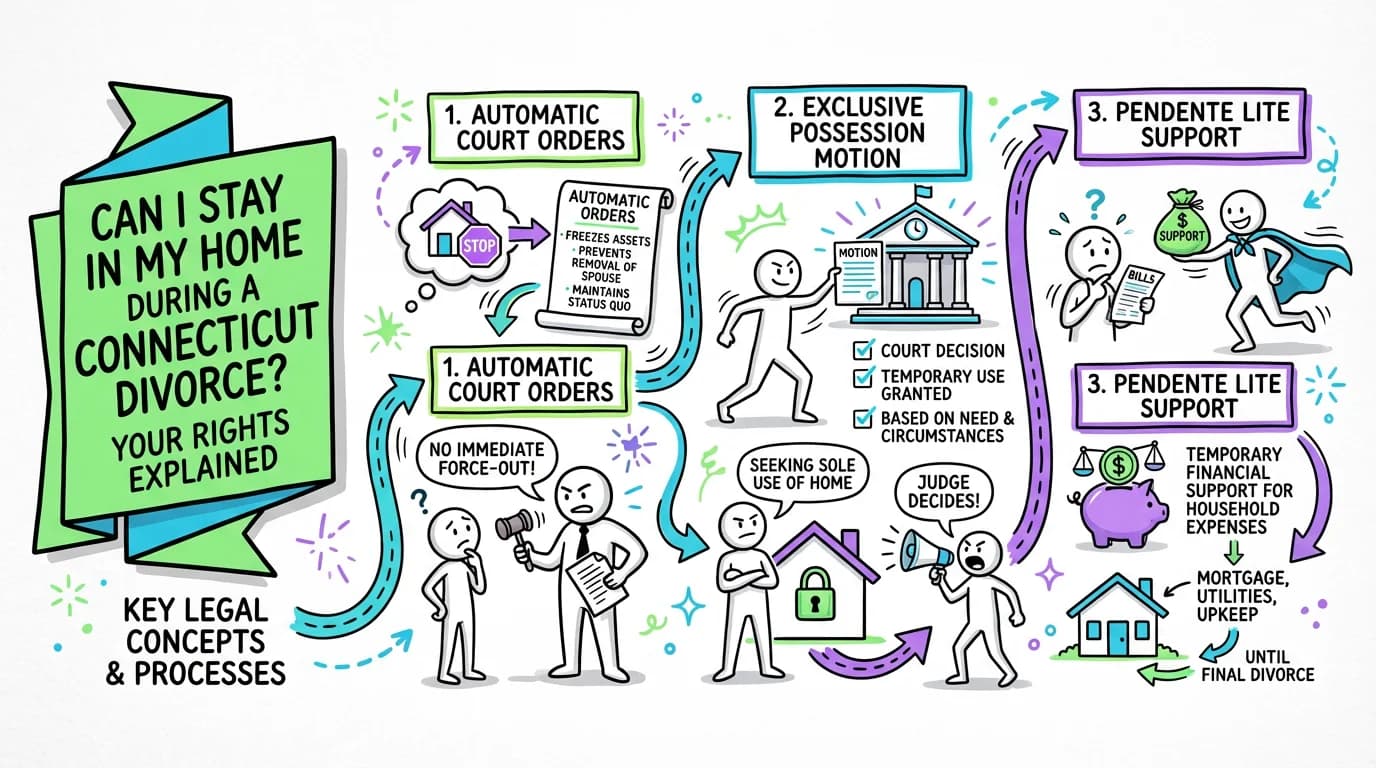 Sketchnote visual guide for Can I Stay in My Home During a Connecticut Divorce? Your Rights Explained