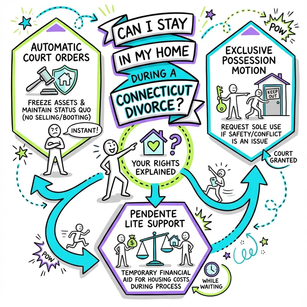 Sketchnote visual guide for Can I Stay in My Home During a Connecticut Divorce? Your Rights Explained