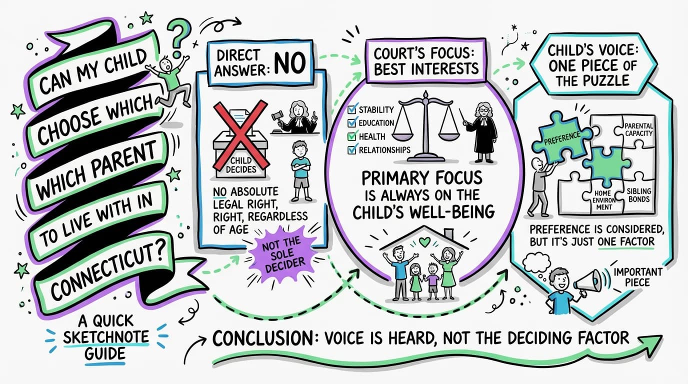 Sketchnote visual guide for Can my child choose which parent to live with in Connecticut?