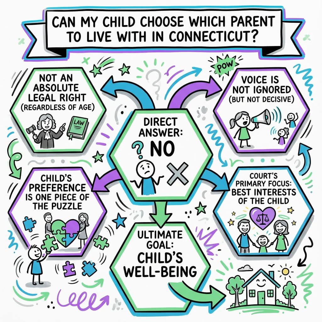 Sketchnote visual guide for Can my child choose which parent to live with in Connecticut?