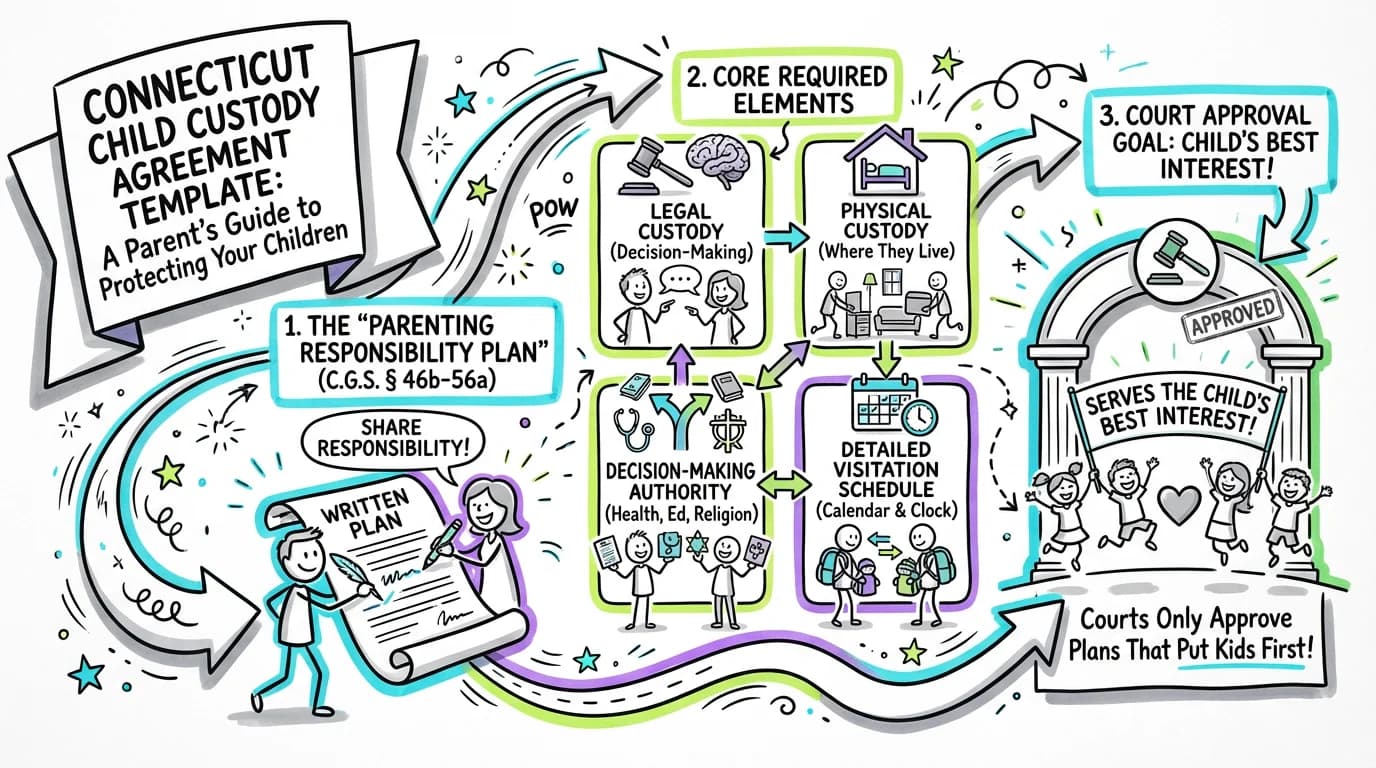 Sketchnote visual guide for Connecticut Child Custody Agreement Template: A Parent's Guide to Protecting Your Children