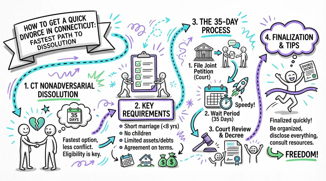 Visual overview showing the key steps and concepts for How to Get a Quick Divorce in Connecticut: Fastest Path to Dissolution in Connecticut