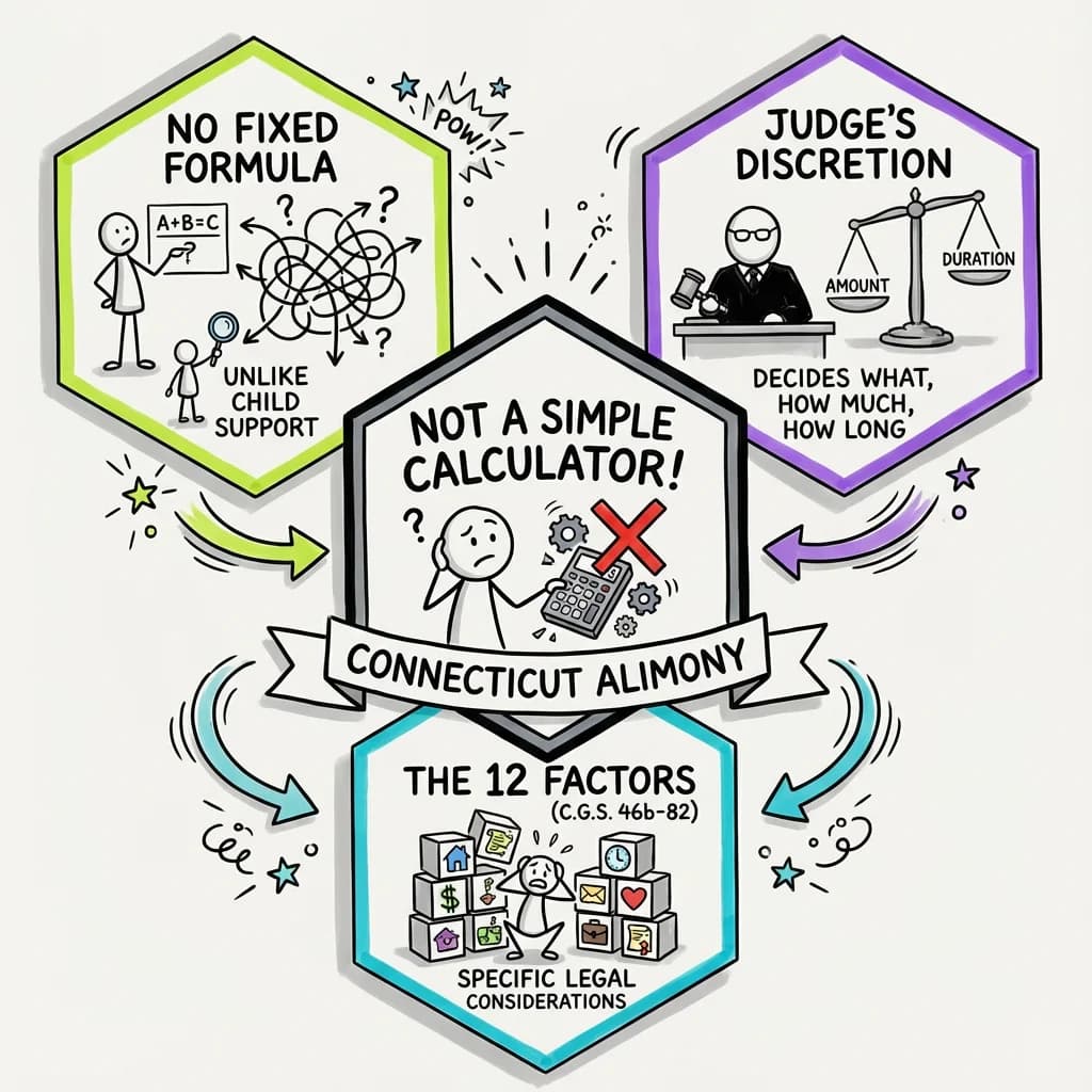 Sketchnote visual guide for Calculating Alimony in Connecticut: A Guide to the Factors in C.G.S. 46b-82