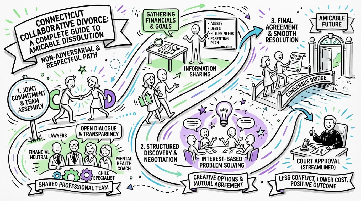 Sketchnote visual guide for Connecticut Collaborative Divorce: A Complete Guide to Amicable Dissolution
