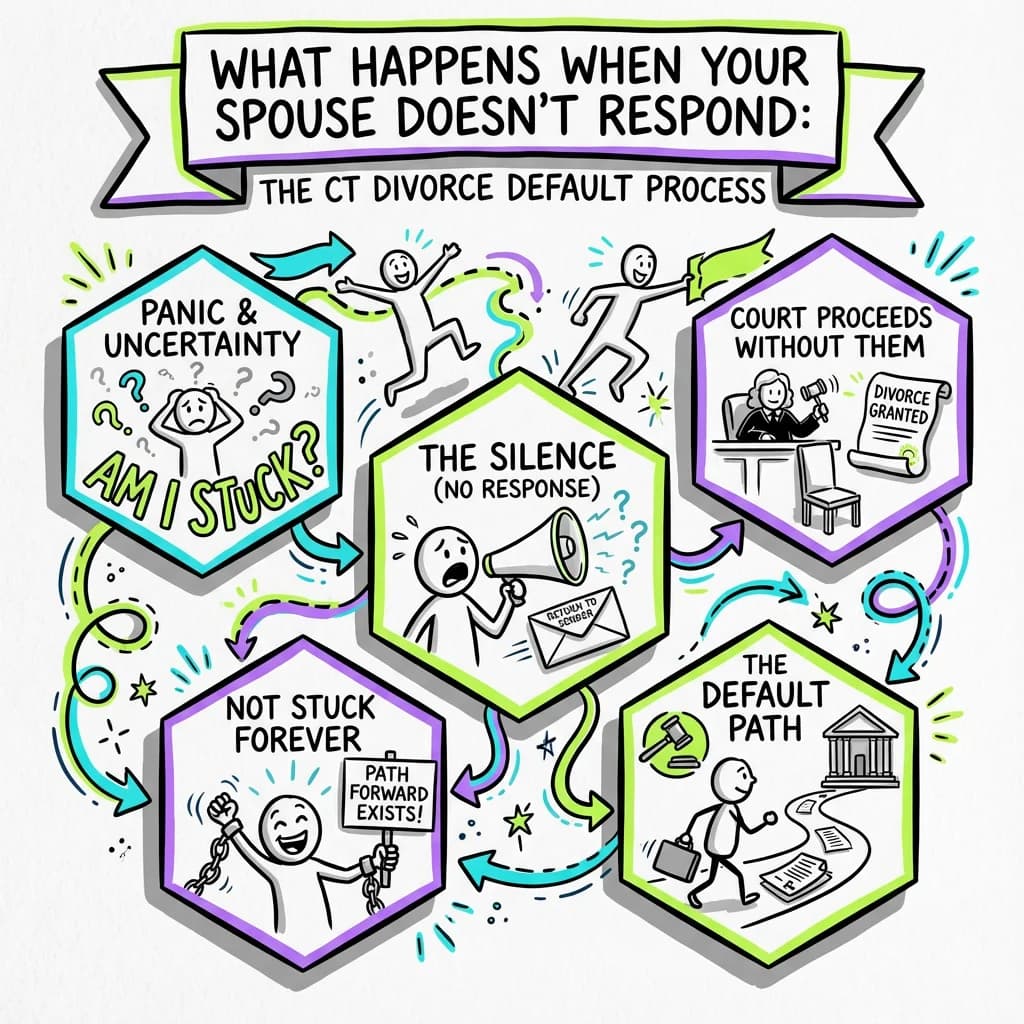 Sketchnote visual guide for What Happens When Your Spouse Doesn't Respond: The CT Divorce Default Process