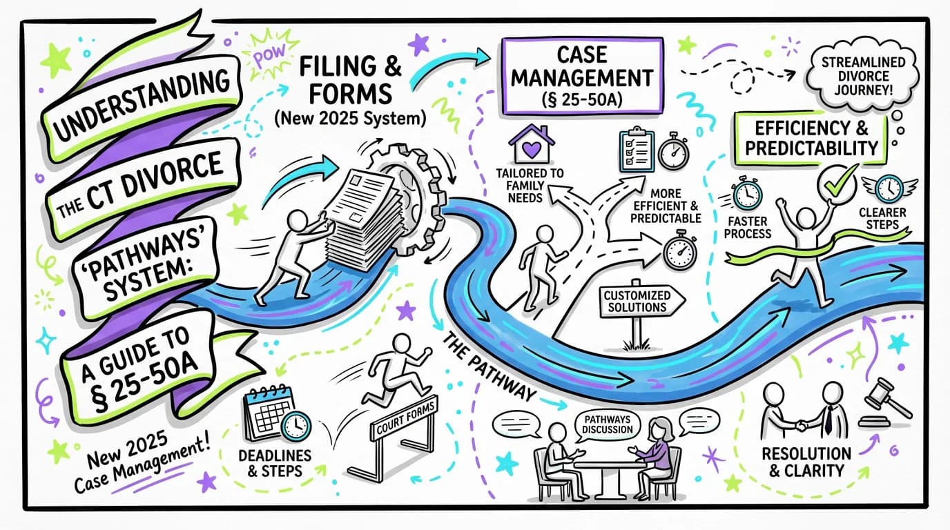 Sketchnote visual guide for Understanding the CT Divorce 'Pathways' System: A Guide to § 25-50A