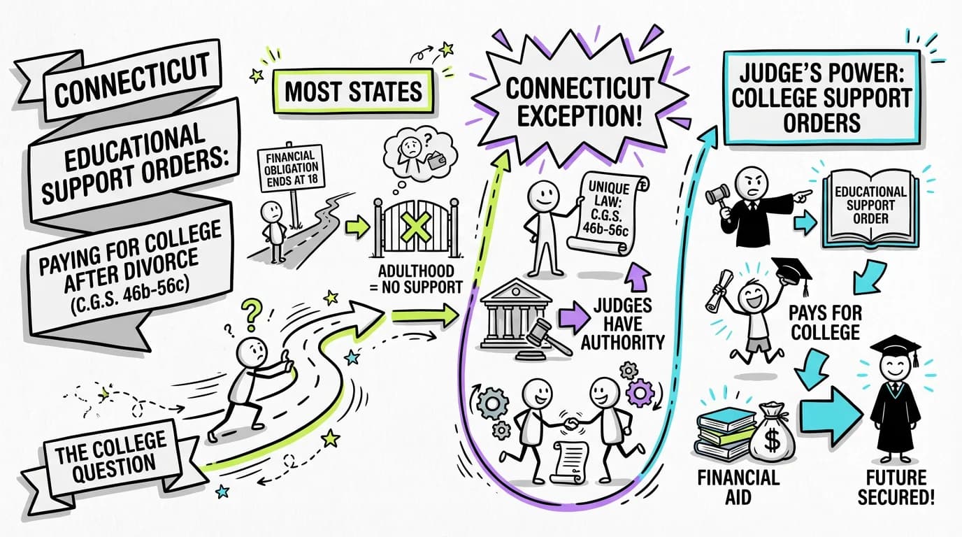 Sketchnote visual guide for Connecticut Educational Support Orders: Paying for College After Divorce (C.G.S. 46b-56c)