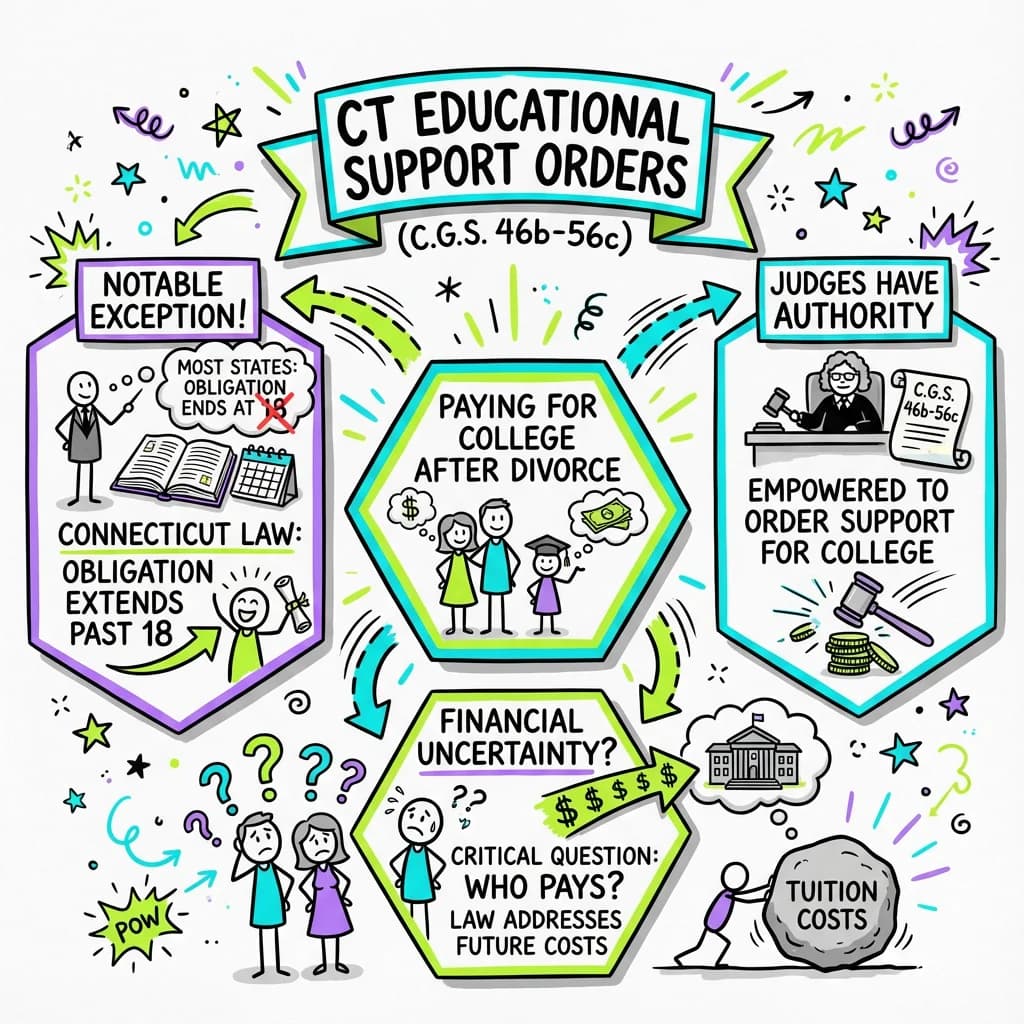 Sketchnote visual guide for Connecticut Educational Support Orders: Paying for College After Divorce (C.G.S. 46b-56c)