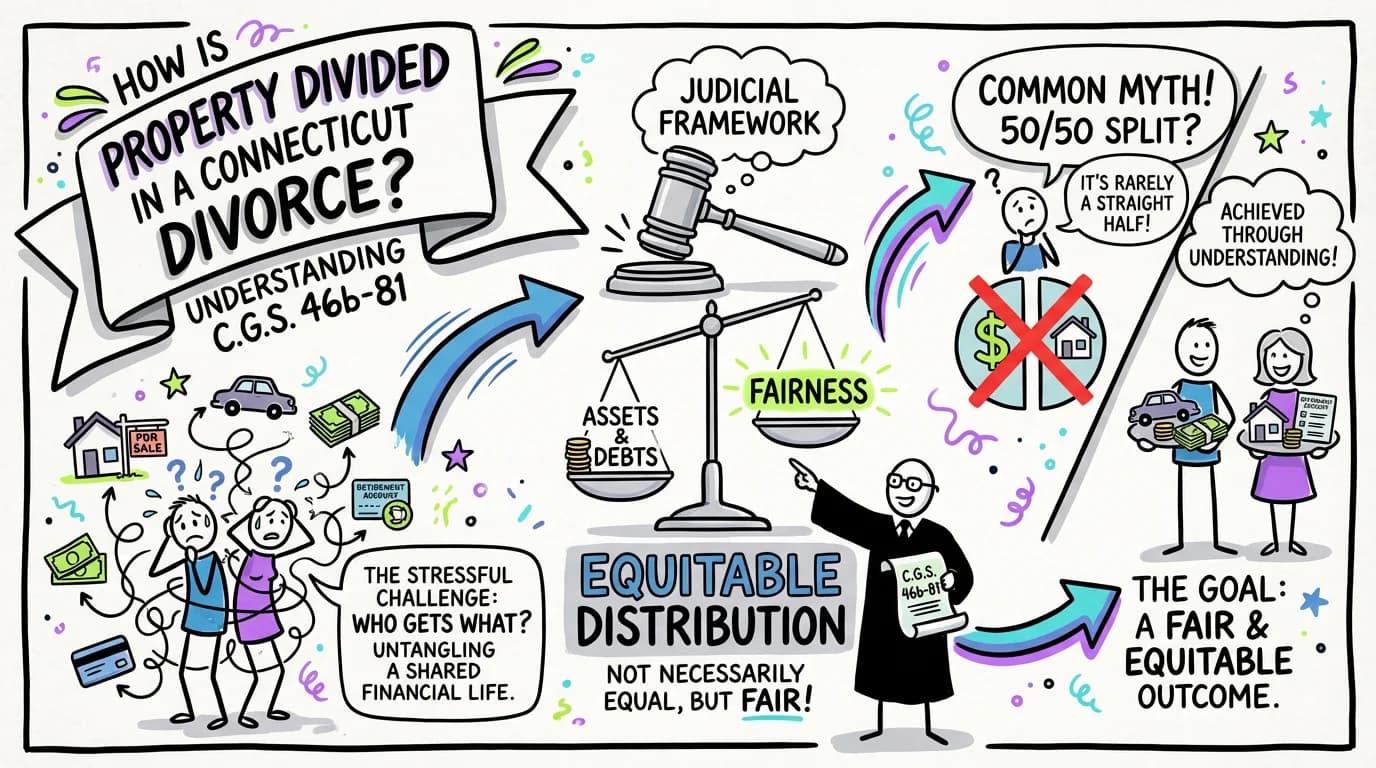 Sketchnote visual guide for How Is Property Divided in a Connecticut Divorce? Understanding C.G.S. 46b-81