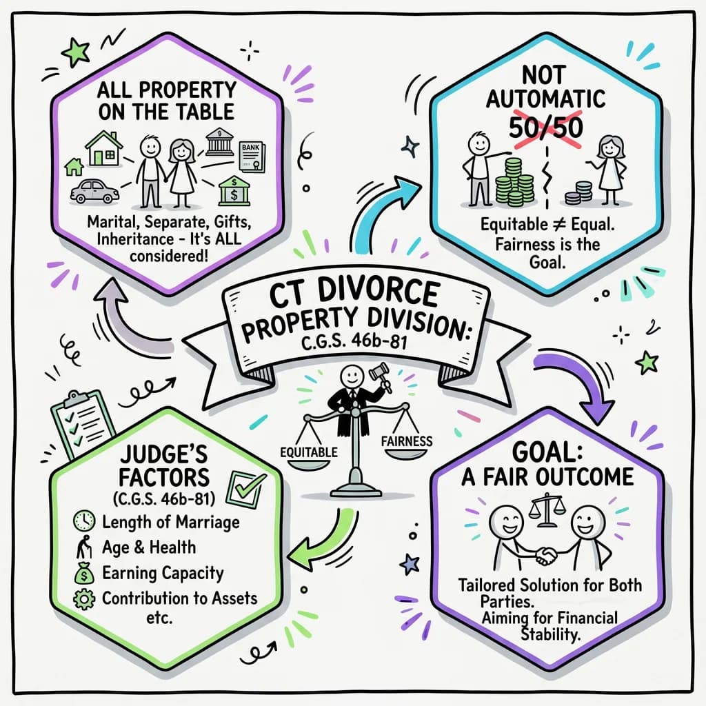 Sketchnote visual guide for How Is Property Divided in a Connecticut Divorce? Understanding C.G.S. 46b-81