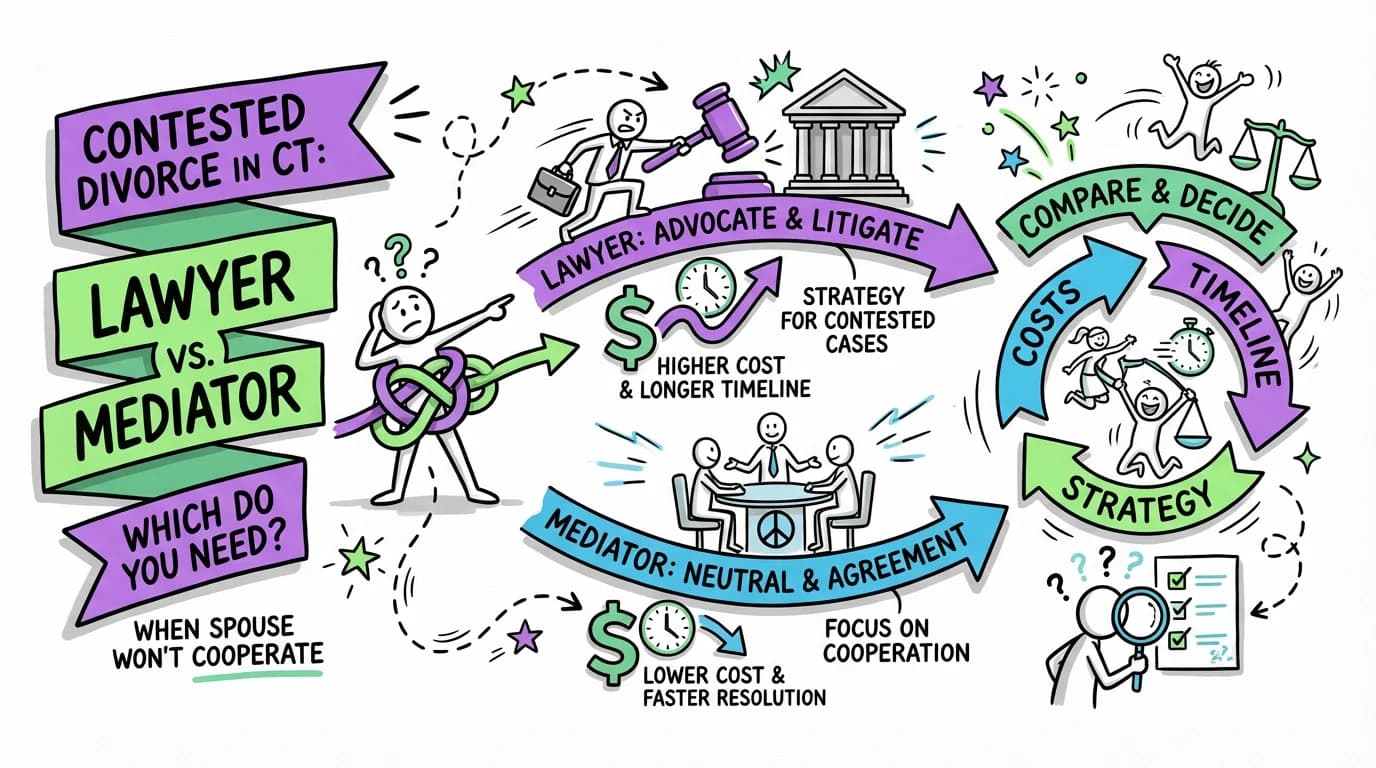 Visual overview showing the key steps and concepts for Contested Divorce in Connecticut: Lawyer vs. Mediator - Which Do You Need? in Connecticut