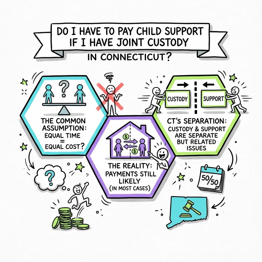 Sketchnote visual guide for Do I have to pay child support if I have joint custody in Connecticut?