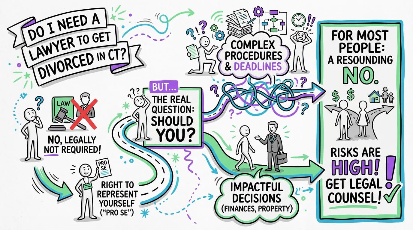 Sketchnote visual guide for Do I need a lawyer to get divorced in Connecticut?