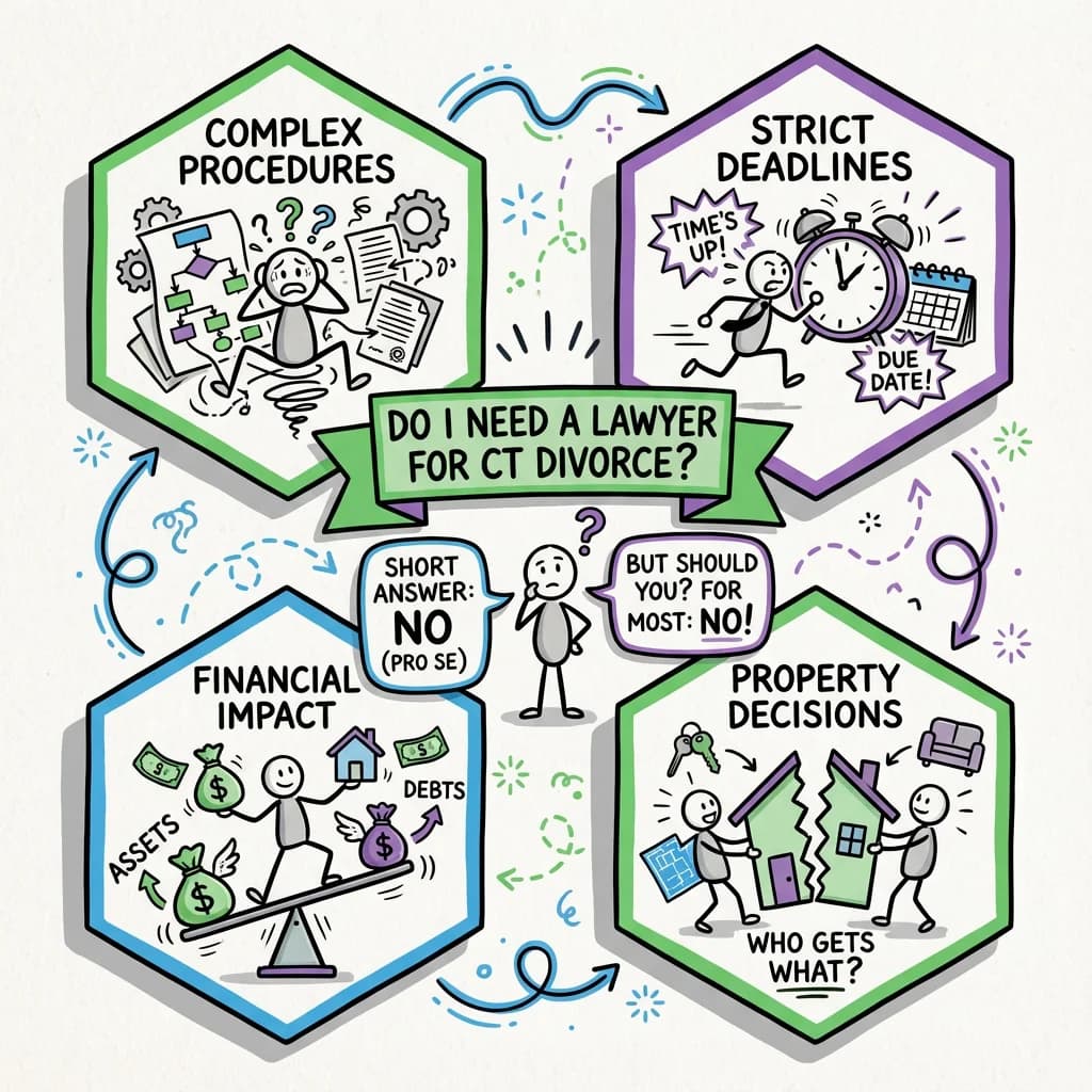 Sketchnote visual guide for Do I need a lawyer to get divorced in Connecticut?