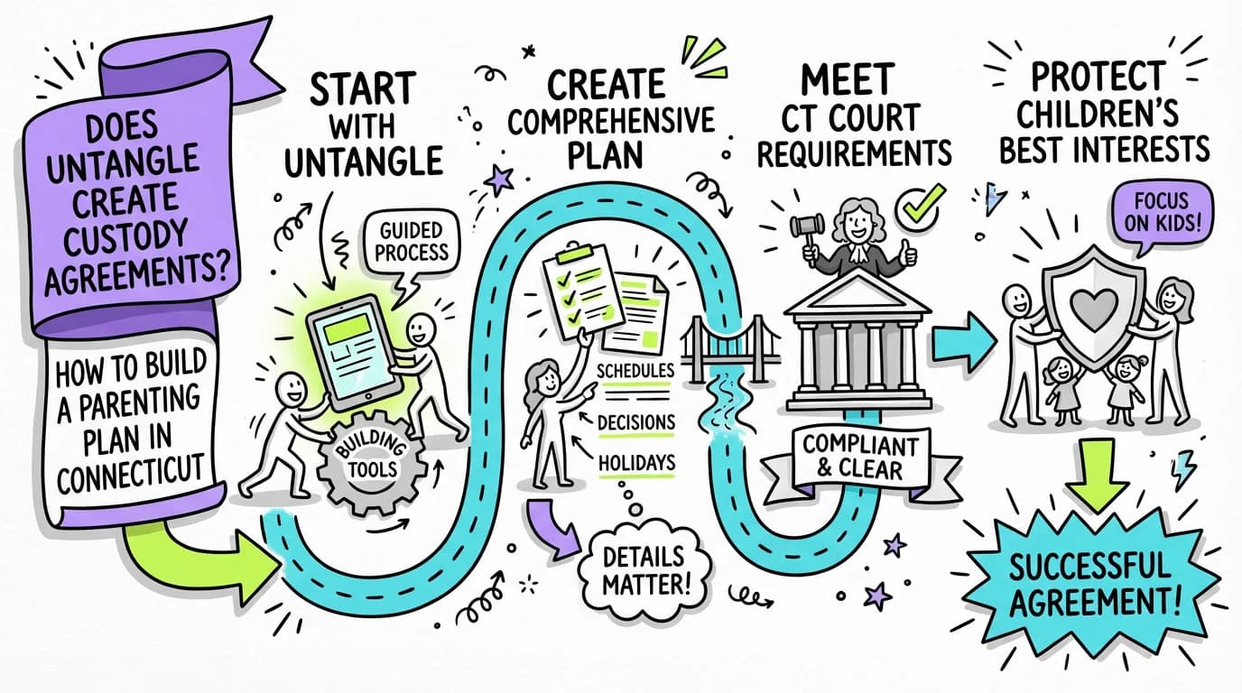 Visual overview showing the key steps and concepts for Does Untangle Create Custody Agreements? How to Build a Parenting Plan in Connecticut in Connecticut