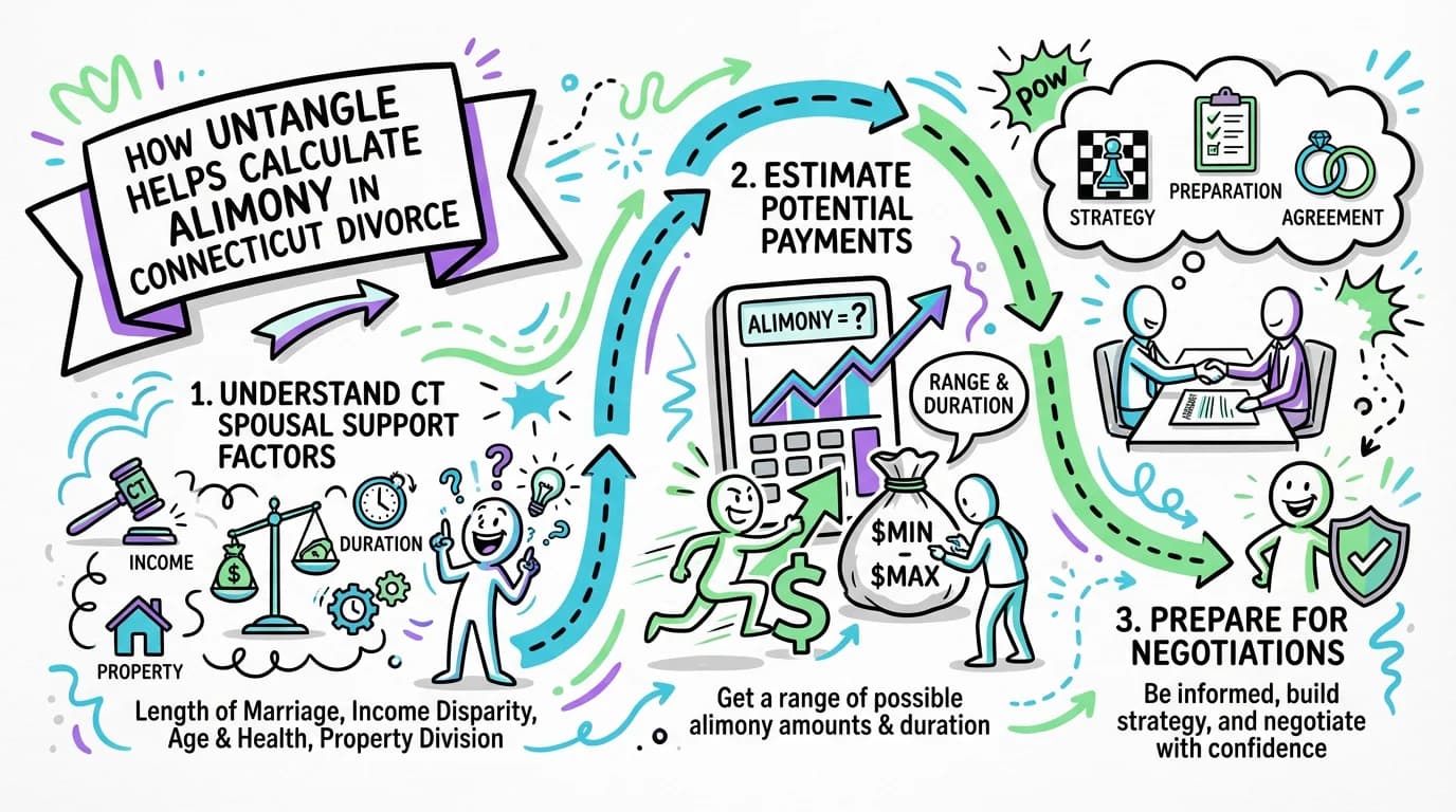 Visual overview showing the key steps and concepts for How Untangle Helps Calculate Alimony in Connecticut Divorce in Connecticut