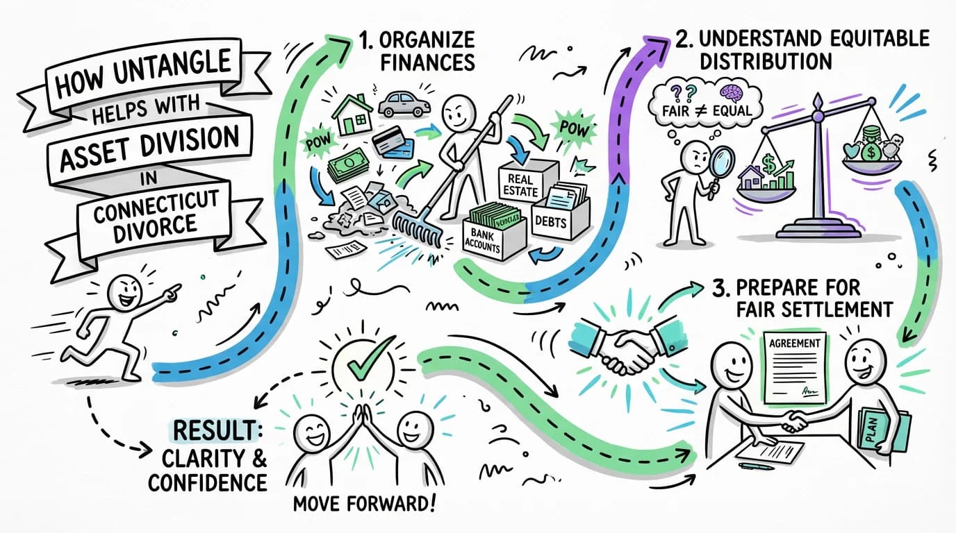 Visual overview showing the key steps and concepts for How Untangle Helps with Asset Division in Connecticut Divorce in Connecticut