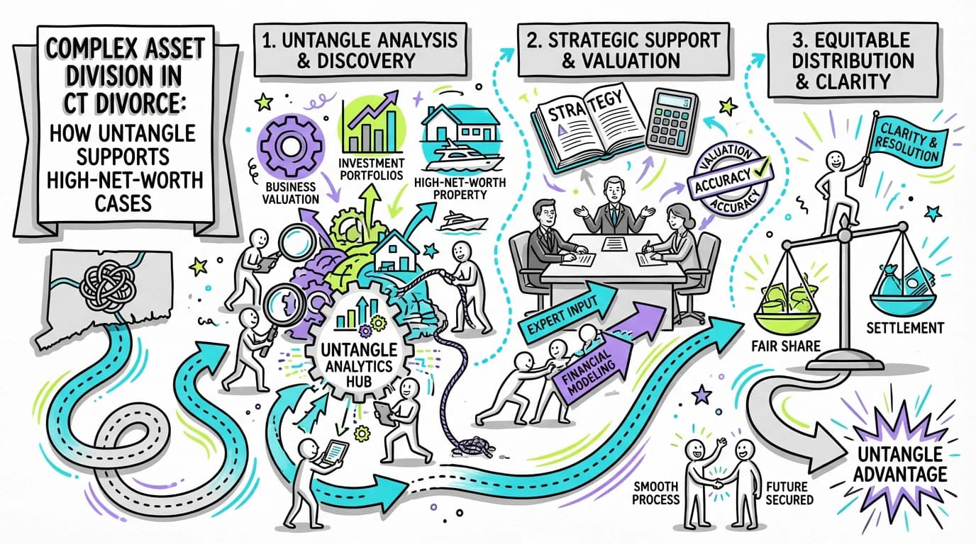 Visual overview showing the key steps and concepts for Complex Asset Division in Connecticut Divorce: How Untangle Supports High-Net-Worth Cases in Connecticut
