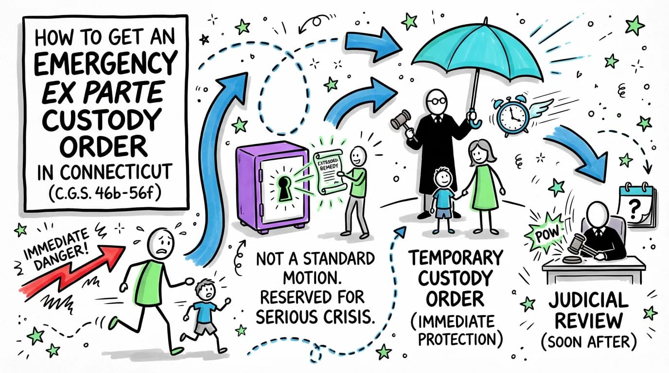 Sketchnote visual guide for How to Get an Emergency Ex Parte Custody Order in Connecticut (C.G.S. 46b-56f)