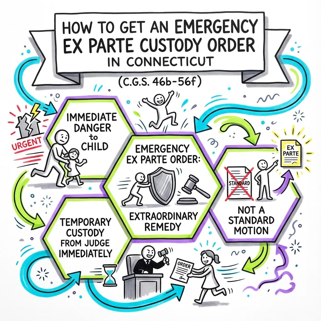 Sketchnote visual guide for How to Get an Emergency Ex Parte Custody Order in Connecticut (C.G.S. 46b-56f)