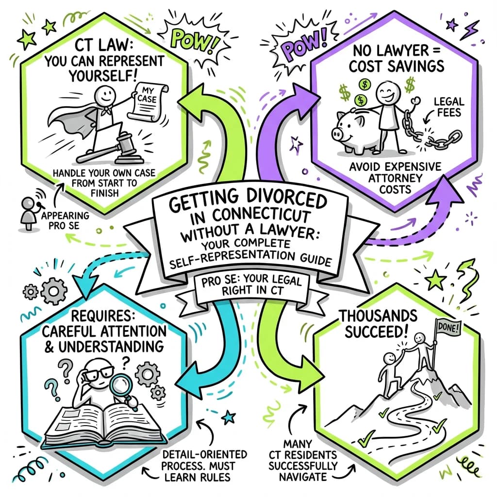 Sketchnote visual guide for Getting Divorced in Connecticut Without a Lawyer: Your Complete Self-Representation Guide
