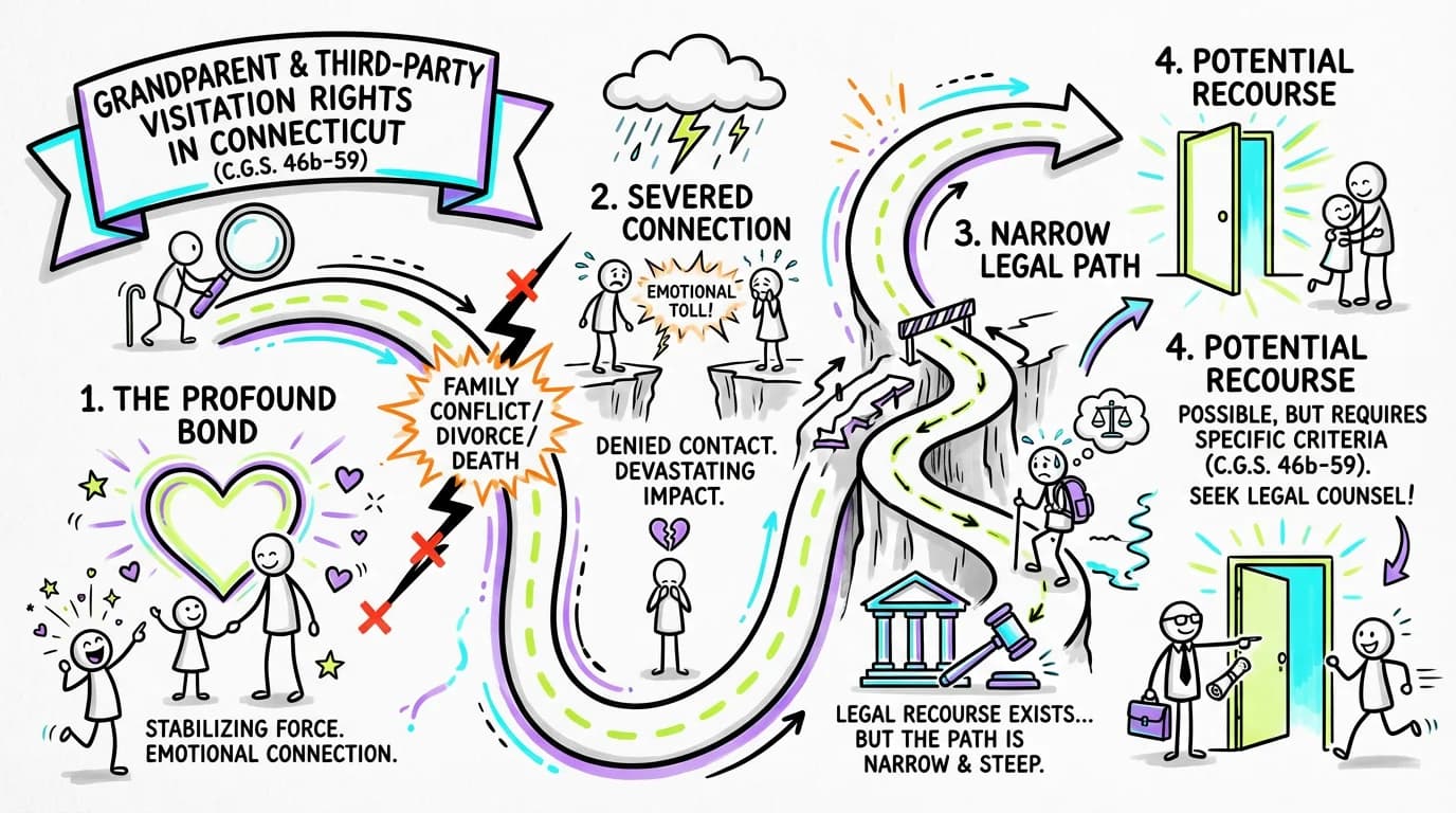 Sketchnote visual guide for Grandparent and Third-Party Visitation Rights in Connecticut (C.G.S. 46b-59)