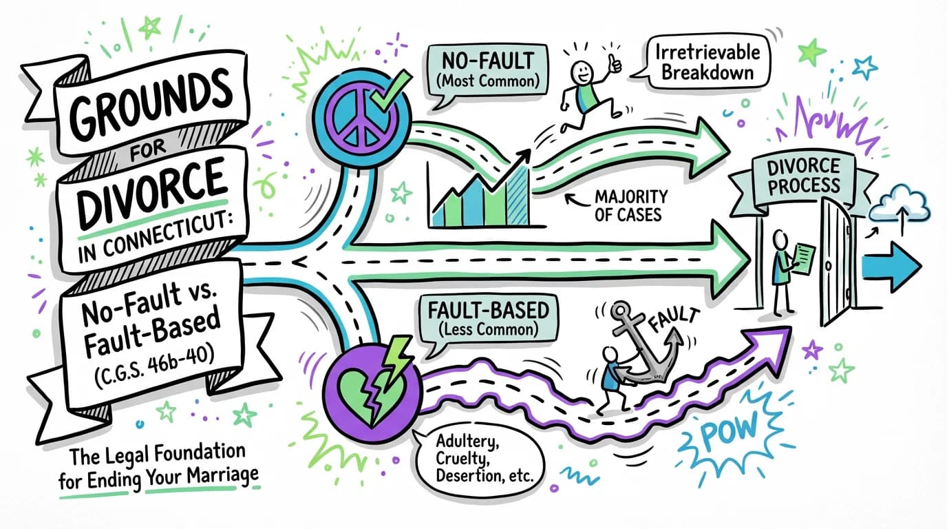 Sketchnote visual guide for Grounds for Divorce in Connecticut: No-Fault vs. Fault-Based (C.G.S. 46b-40)